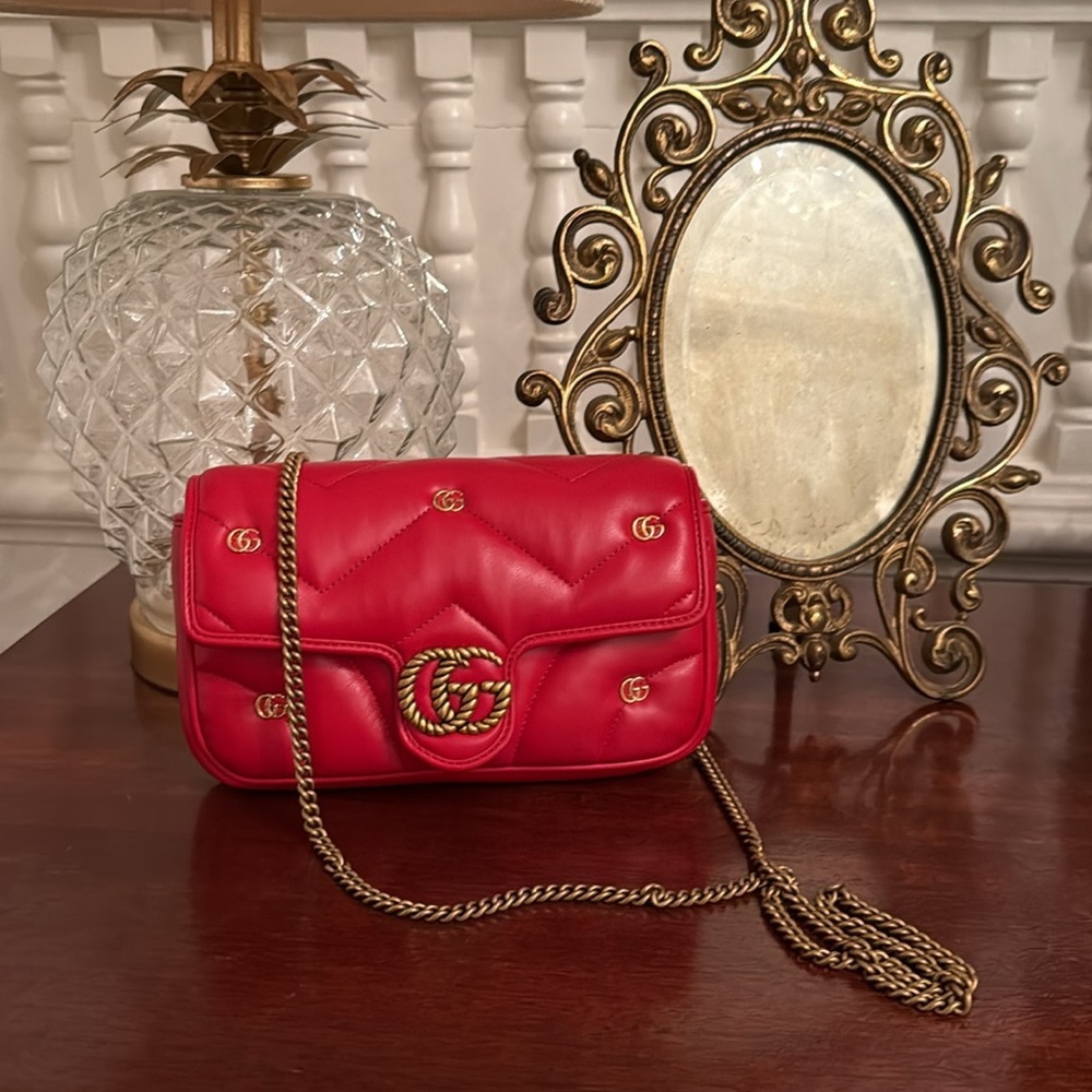SOLD NEW GG MARMONT SMALL BAG red with brass gold hardware with cardholder